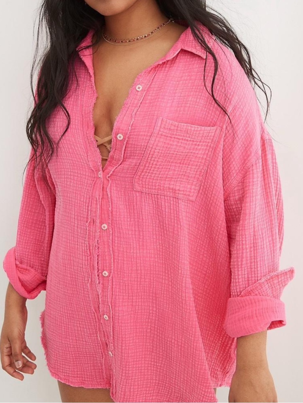 Aerie Pink Pool To Party Button Up Shirt Size Large Cotton Beach Summer Pool